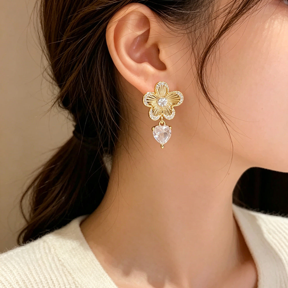 Eaioncol Floral Heart Drop Earrings Gold