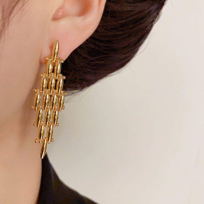 14K Gold-Plated Geometric Wheat Tassel Earrings - Elegant Design