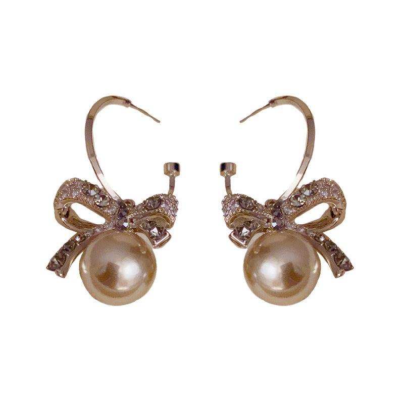 14K Gold-Plated Diamond Bow Pearl Earrings - Elegant Chic Design