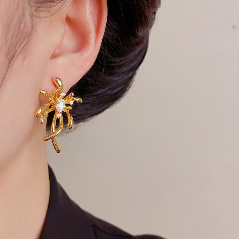 Gold Zircon Petal Earrings – French Retro Flower Studs for Women