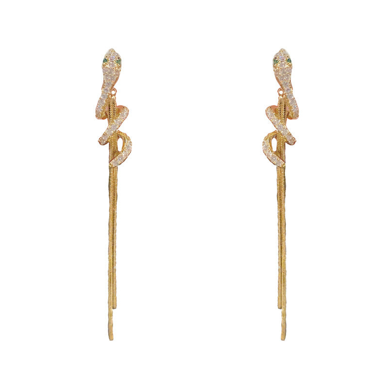 14K Gold-Plated Zircon Snake-Shape Tassel Earrings -Trendy Long Design