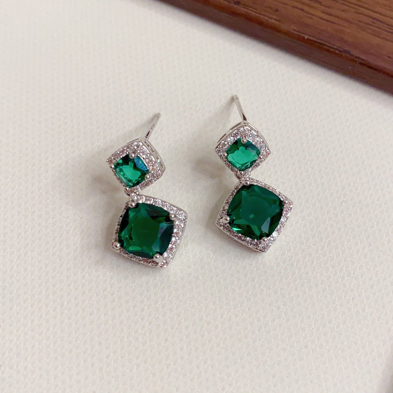 Elegant Square Emerald Zircon Drop Earrings – Geometric Design