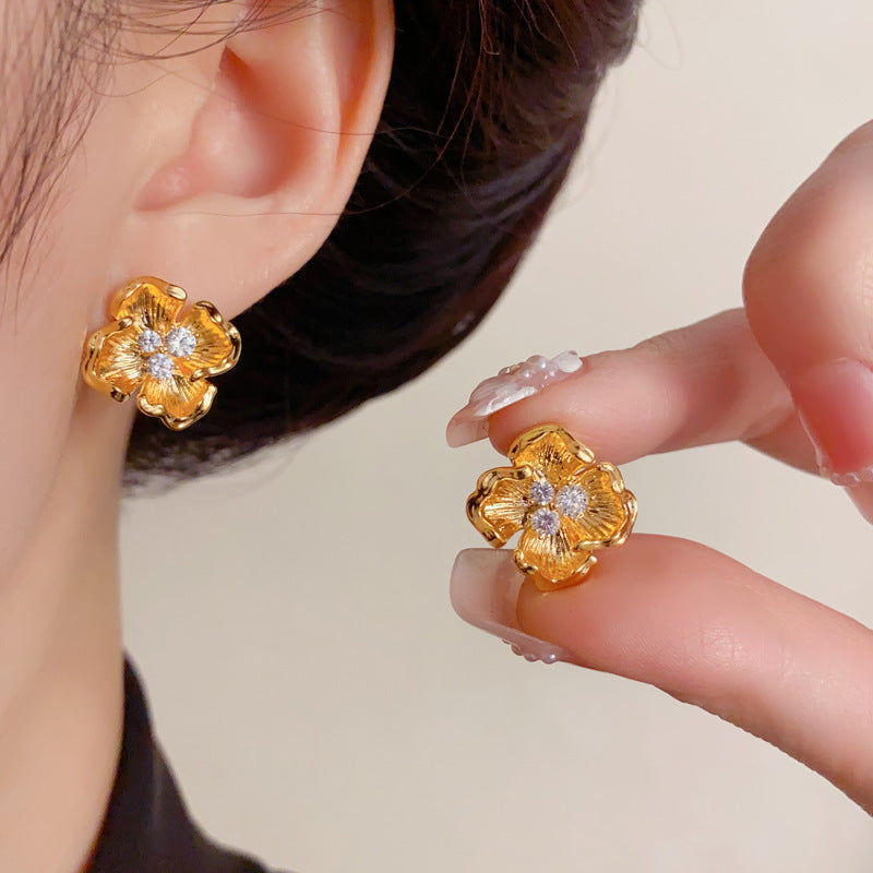 Elegant Zircon Irregular Petal Stud Earrings – Retro Palace-Style