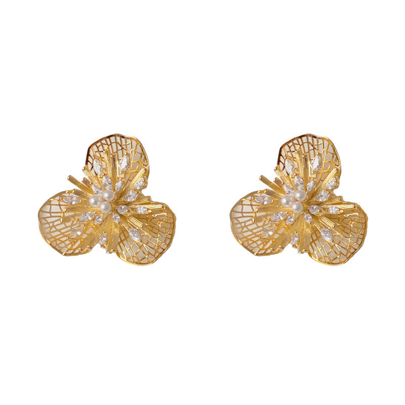 Luxury Zircon Openwork Metal Petal Stud Earrings – Floral Design