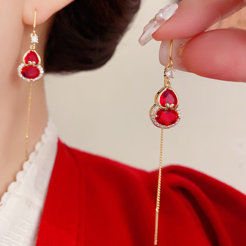 Elegant Red Zircon Gourd Long Threader Earrings – Auspicious Design
