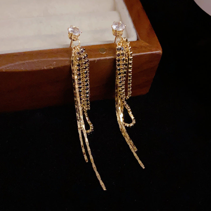 14K Gold-Plated Long Zircon Tassel Earrings - Geometric Elegance