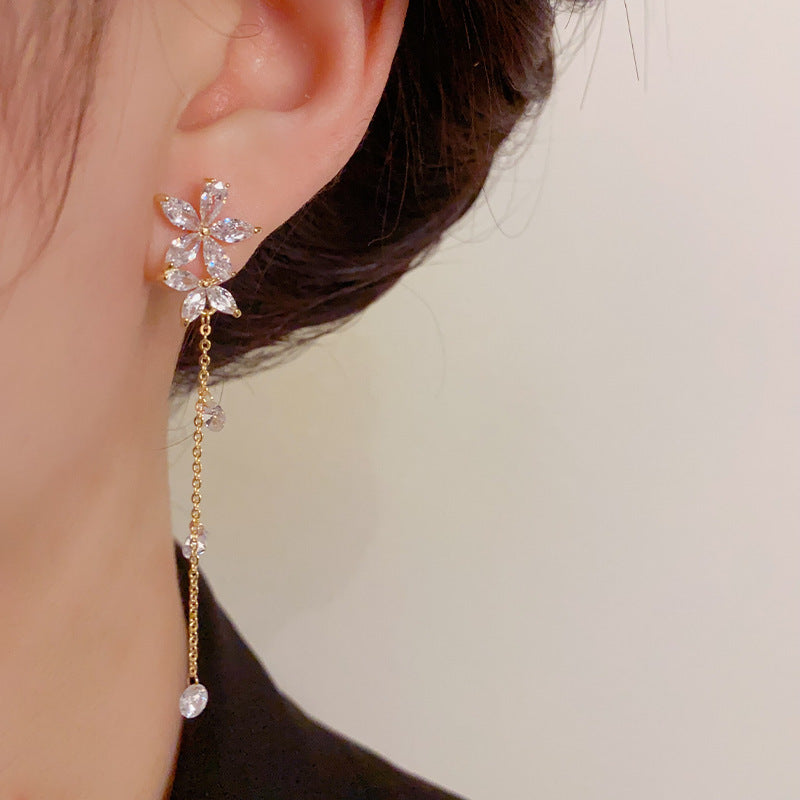 14K Gold-Plated Zircon Flower Tassel Earrings -Sweet & Elegant Jewelry