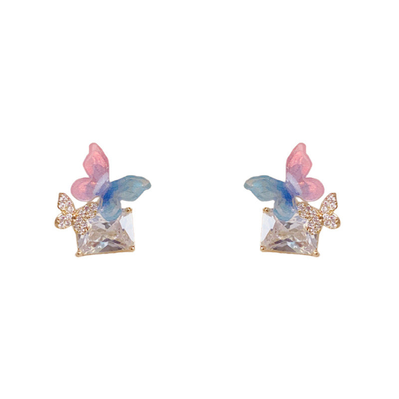 Gradient Butterfly Square Zircon Stud Earrings – S925 Silver Needle