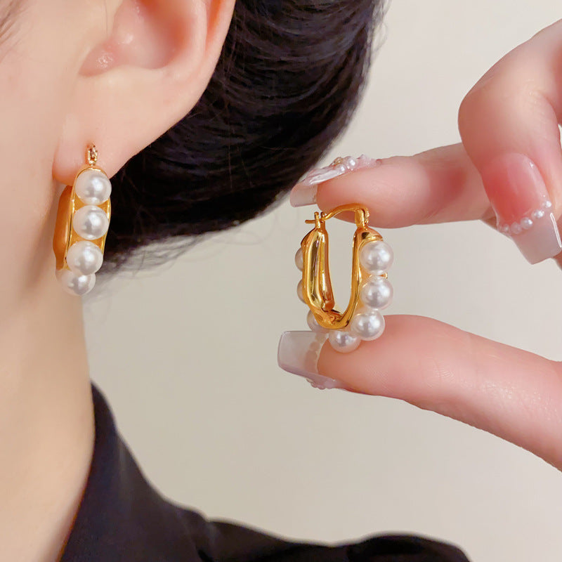 Eaioncol Geometric Pearl Hoop Earrings 18K Gold