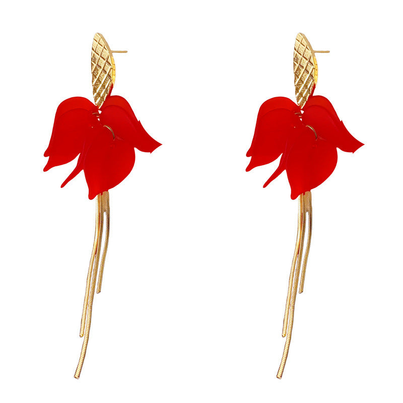 Luxury Red Petal Long Tassel Drop Earrings – French Floral Design