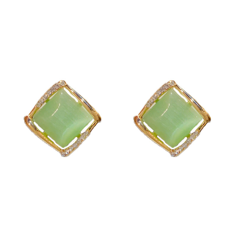 Eaioncol Green Cat Eye Rhombus Stud Earrings Gold