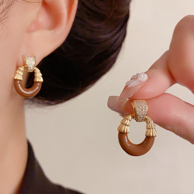 Luxury Zircon Enamel Oval Stud Earrings – Geometric Design