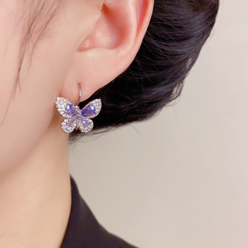 Elegant Zircon Purple Butterfly Hoop Earrings – Minimalist Design