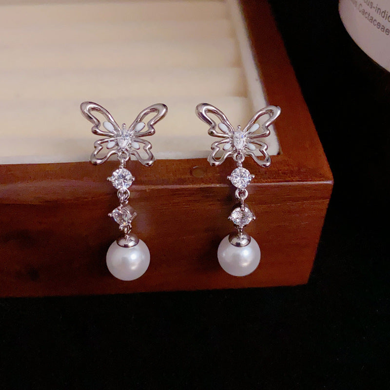 14K Gold-Plated Hollow Butterfly Pearl Drop Earrings -Elegant&Delicate