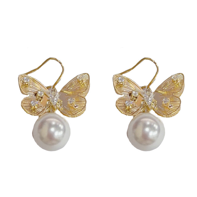 Gold Butterfly Pearl Ear Hooks – Dainty Work Earrings