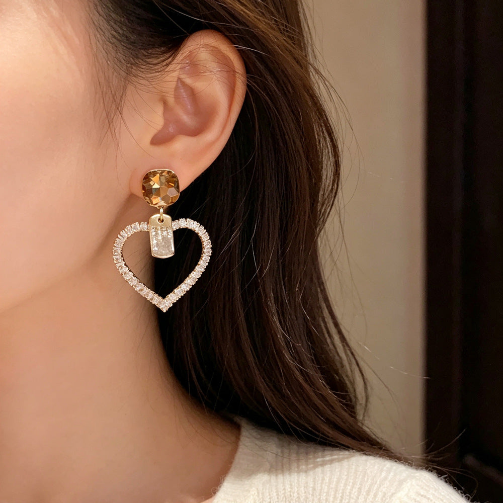 Eaioncol Square Heart CZ Drop Earrings Coffee Gold
