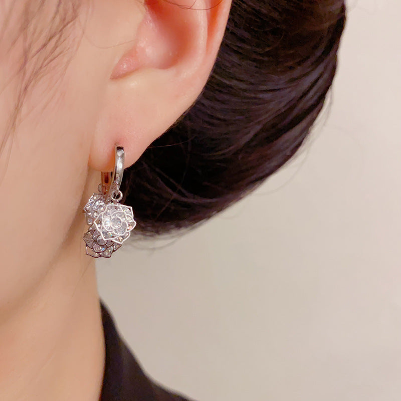 Luxury Full-Zircon Rose Flower Tassel Earrings – Elegant Design