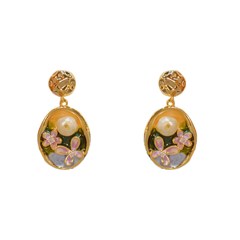 14K Gold-Plated Freshwater Pearl Flower Oval Earrings - Floral Design