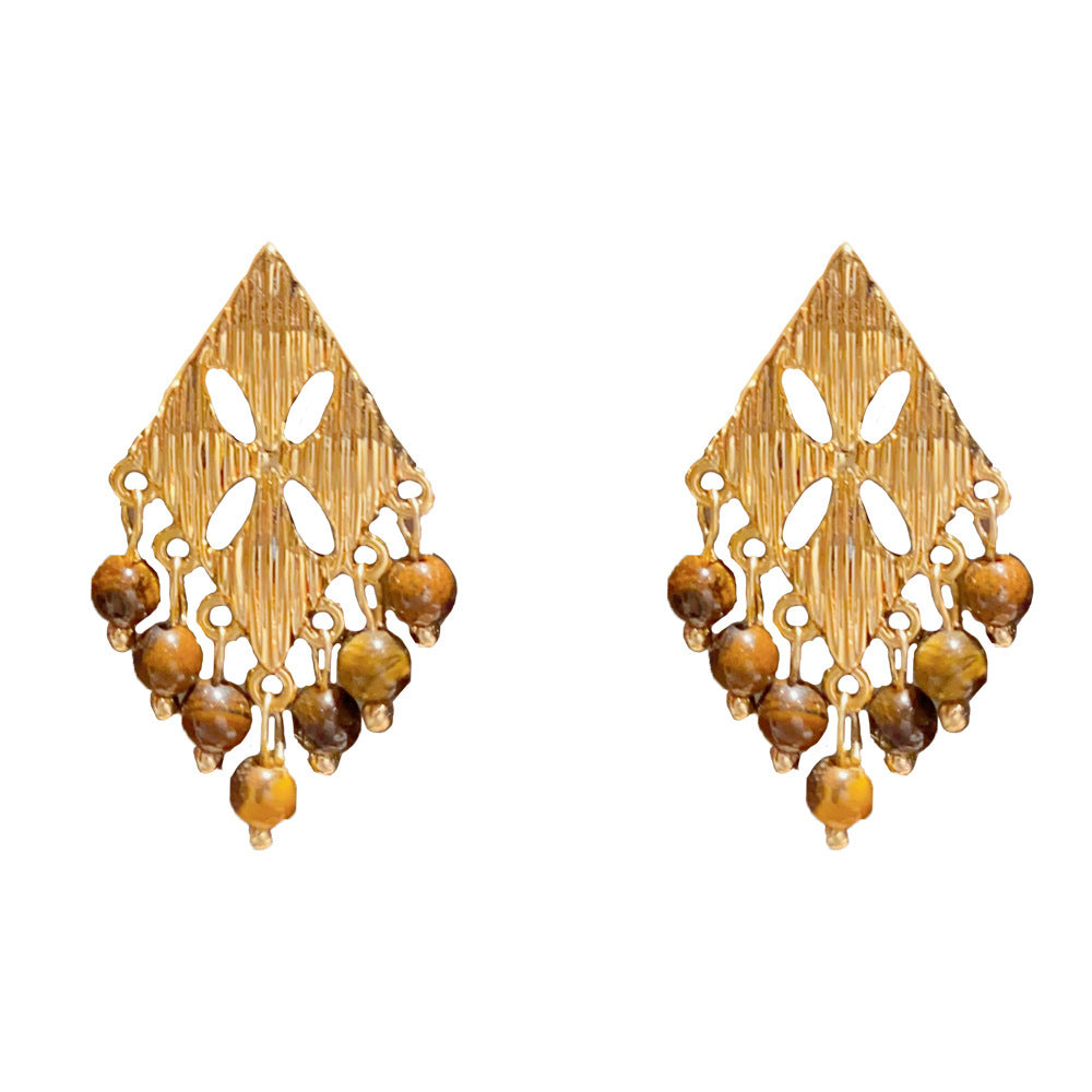 Eaioncol Rhombus Tassel Earrings Gold Pearl Tiger Eye