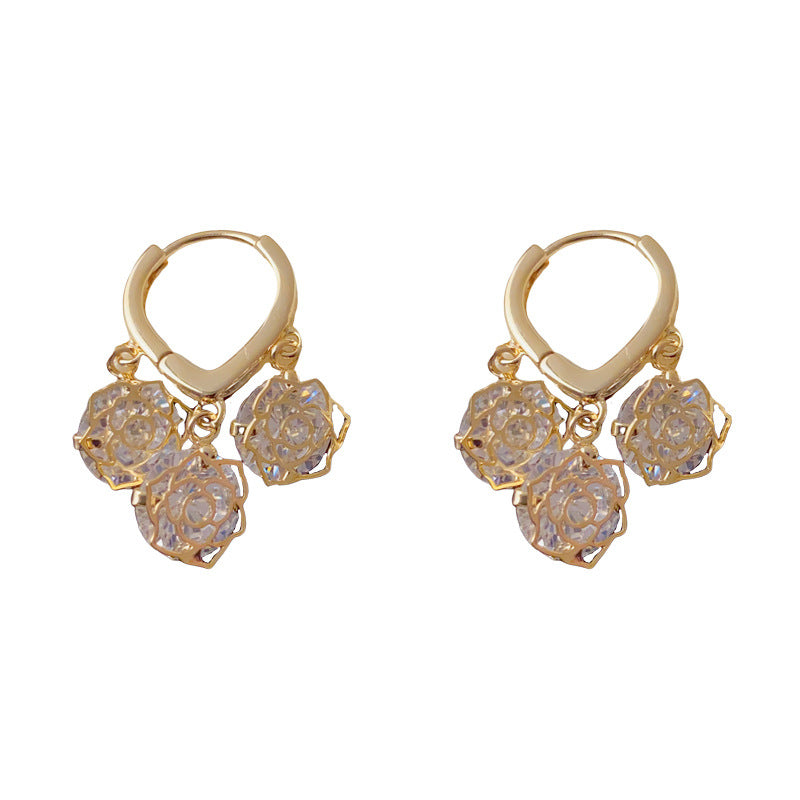 Luxury Full-Zircon Rose Flower Tassel Earrings – Elegant Design