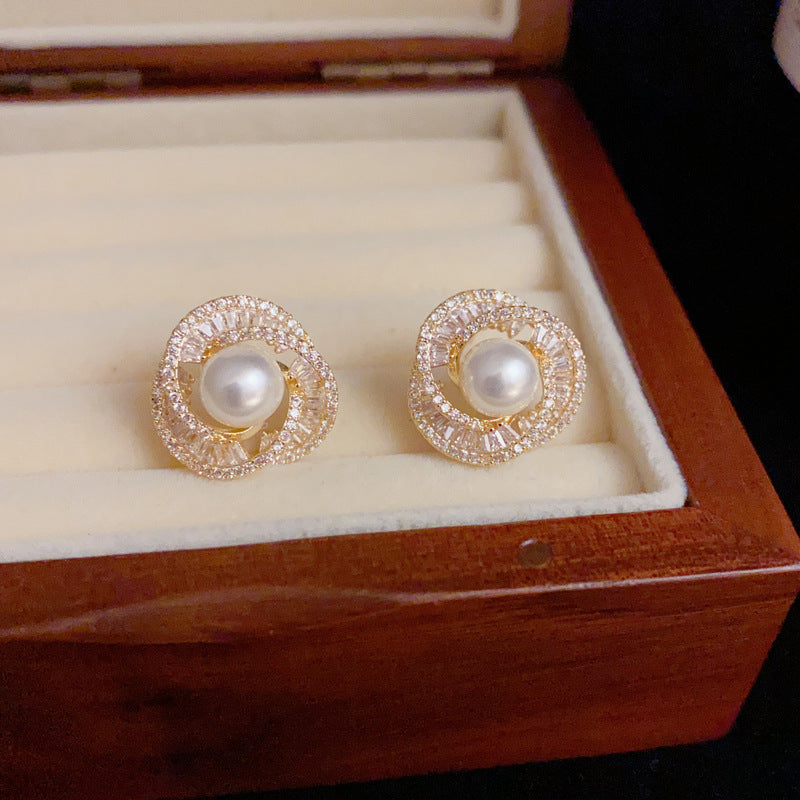 14K Gold-Plated Zircon Pearl Spiral Earrings - Chic Luxury Design