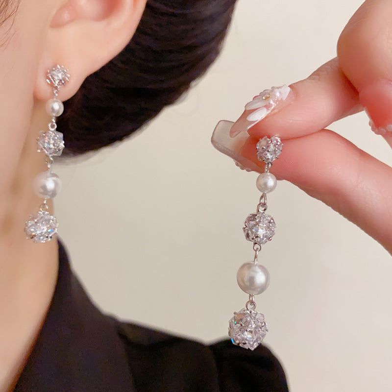 Luxury Zircon Pearl Ball Tassel Drop Earrings – Ultra-Sparkle Design