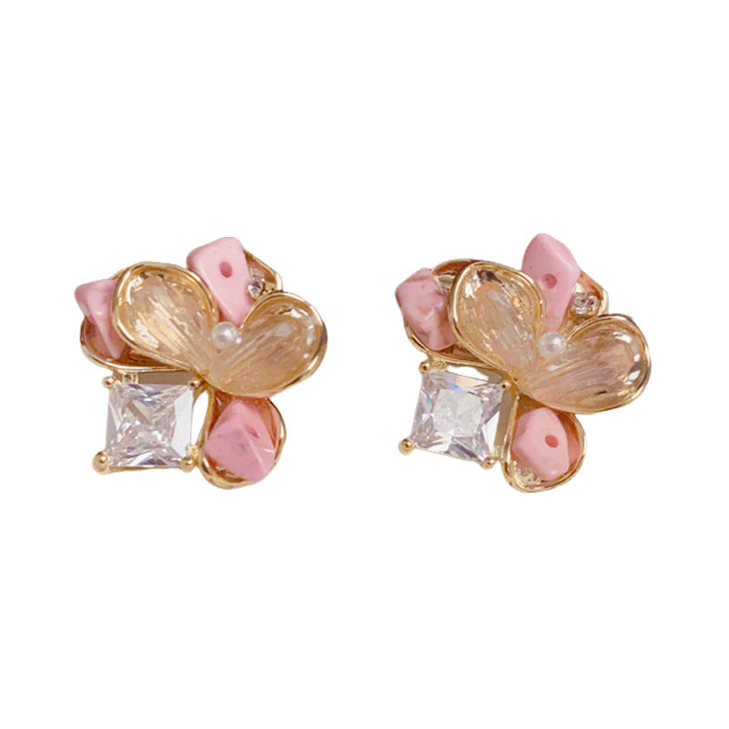 14K Gold Sweet Crystal Pink Petal Stud Earrings – S925 Silver Needle