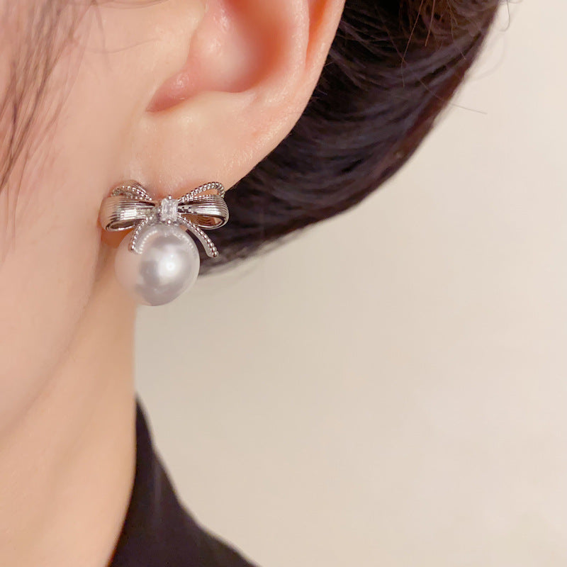 Elegant Metal Bow Pearl Stud Earrings – French Minimalist Design