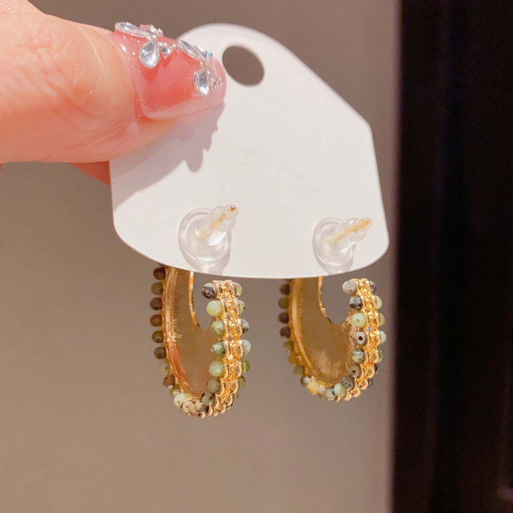 Eaioncol Green Beaded Metal Hoop Earrings 14K Gold Plated
