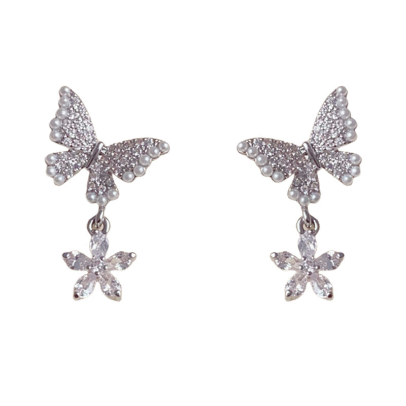 Elegant Pearl Zircon Butterfly Petal Drop Earrings – Romantic Design