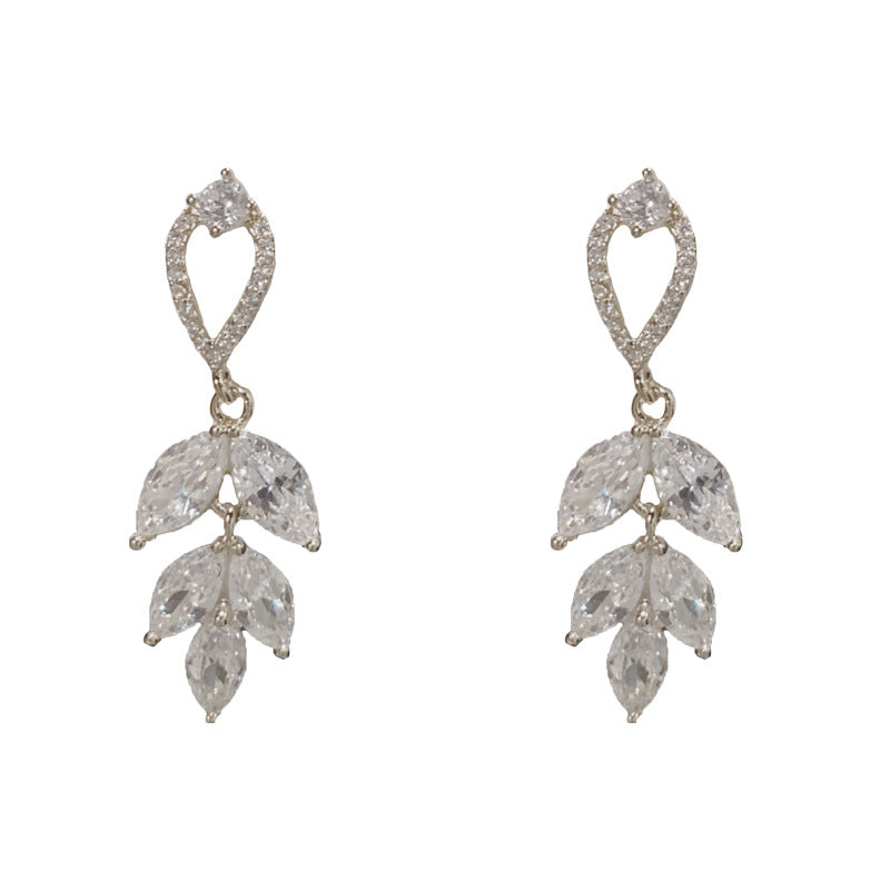 Elegant Zircon Leaf Tassel Drop Earrings – French Botanical Design