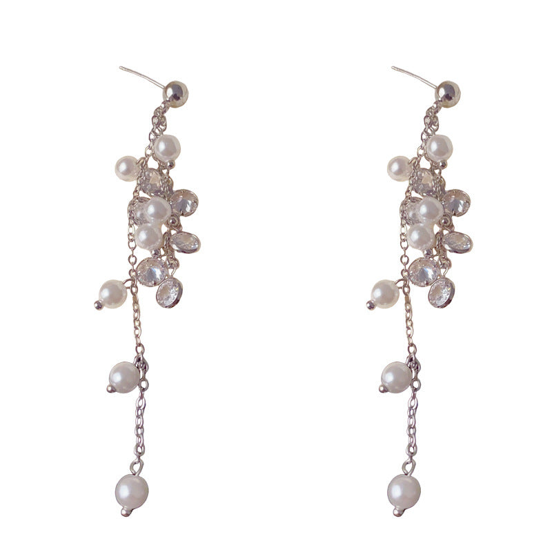 Elegant Pearl & Crystal Long Tassel Drop Earrings – Retro Design