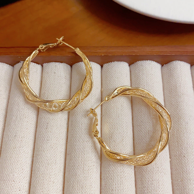 Elegant Twisted Mesh Metal Hoop Earrings – Bold Retro Design