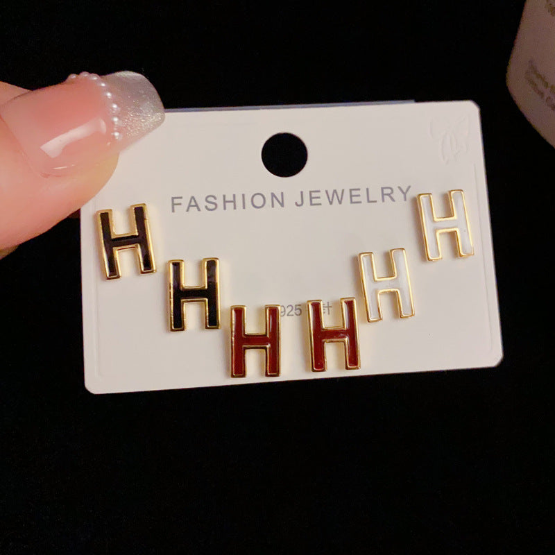 14K Gold-Plated Tri-Color H Letter Earrings Set-Minimalist Chic Design