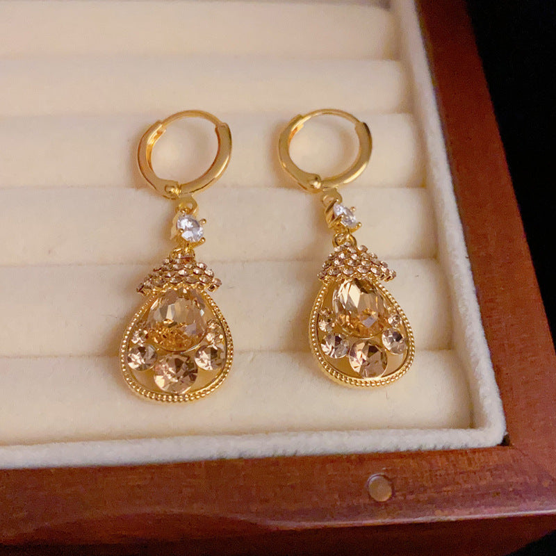 14K Gold-Plated Coffee Full Diamond Waterdrop Earrings -Elegant Design