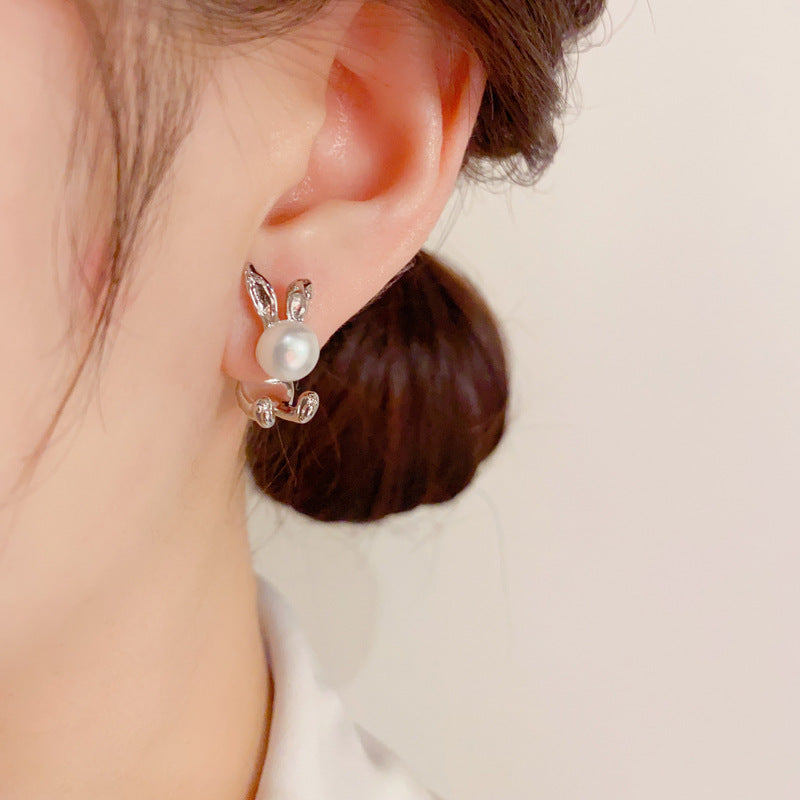 S925 Rabbit Pearl Earrings - Zodiac-Inspired Chic Studs