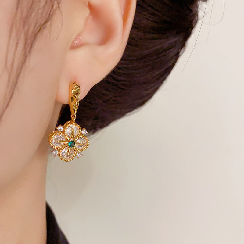 14K Gold-Plated Starburst Four-Leaf Flower Earrings - Sparkling Design