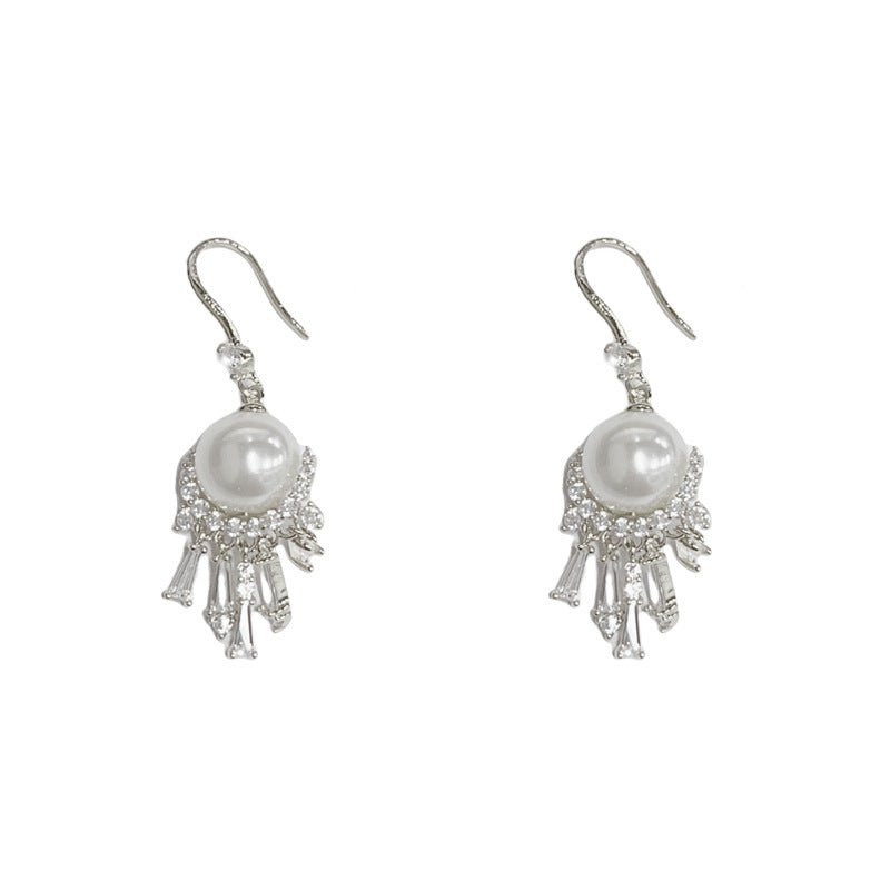 Luxury Zircon Pearl Tassel Hook Earrings – Geometric Design