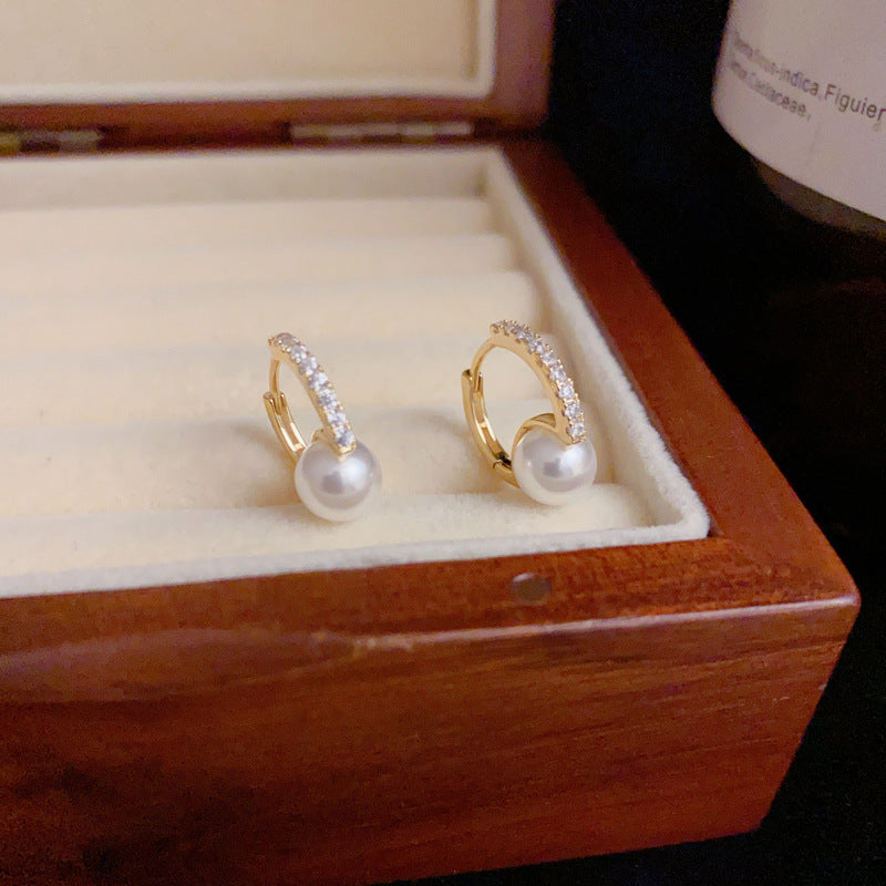 14K Gold Pearl & Zircon Hoop Earrings – Minimalist Luxury Design