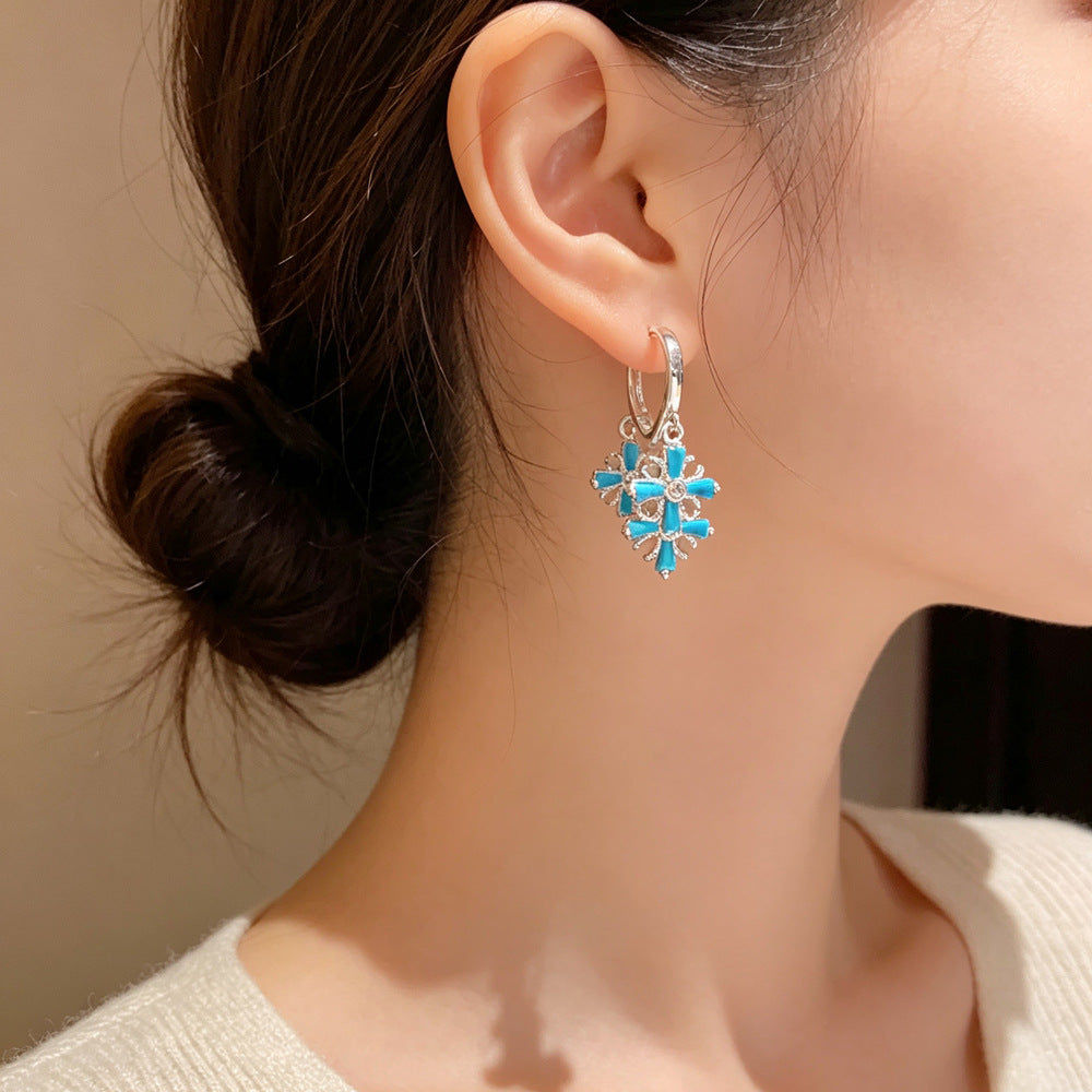 Eaioncol Blue Cross Tassel Hoop Earrings Gold Silver