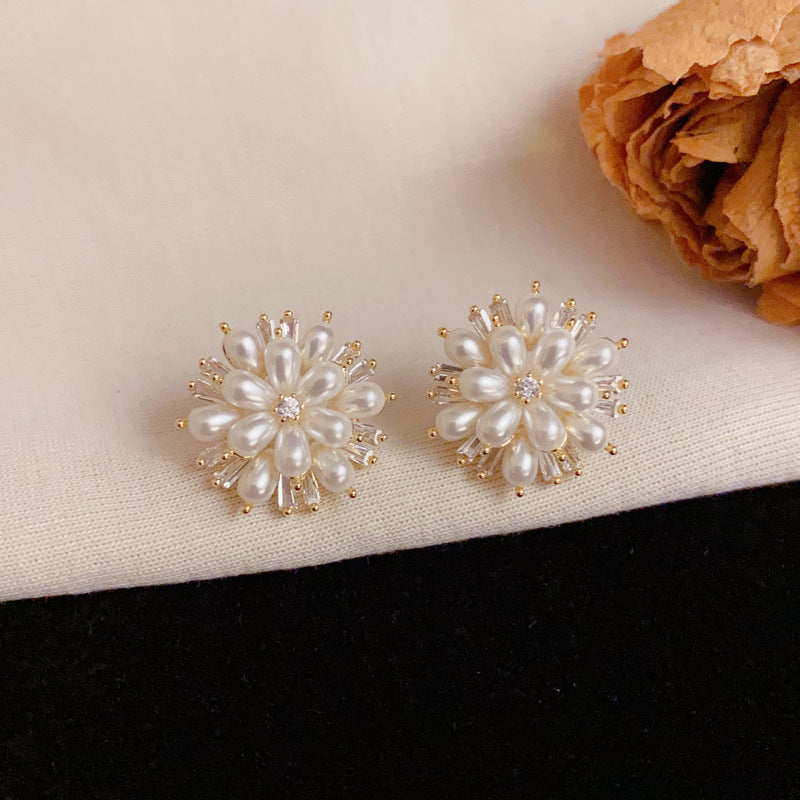 Luxury Zircon & Pearl Petal Stud Flower Earrings – Elegant Design