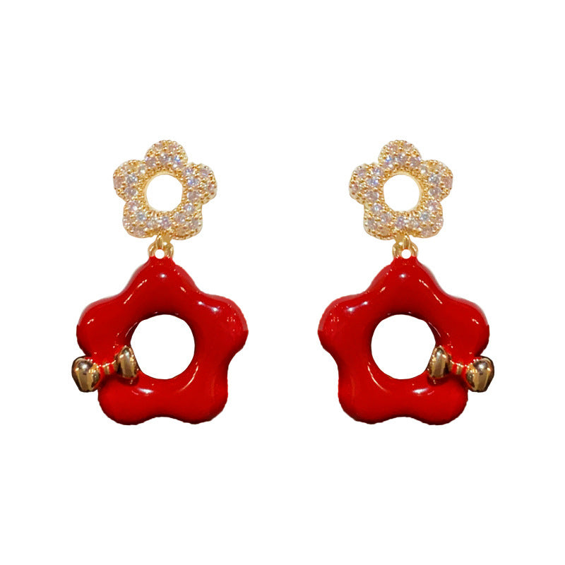 14K Gold-Plated Zircon Red Hollow Petal Earrings - Elegant Design