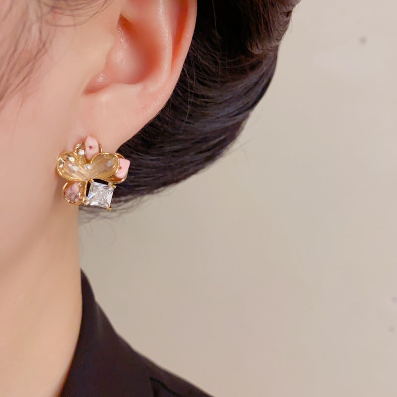 Eaioncol Floral Crushed Crystal Petal Stud Earrings Gold