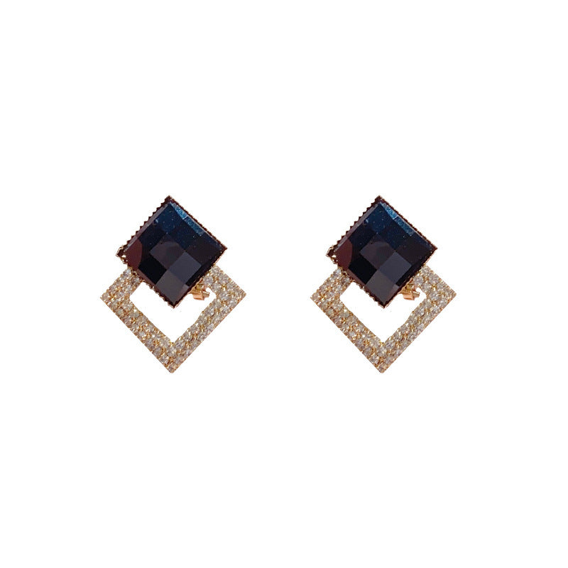 14K Gold Plated Black Crystal Zircon Rhombus Stud Earrings-S925 Silver Posts