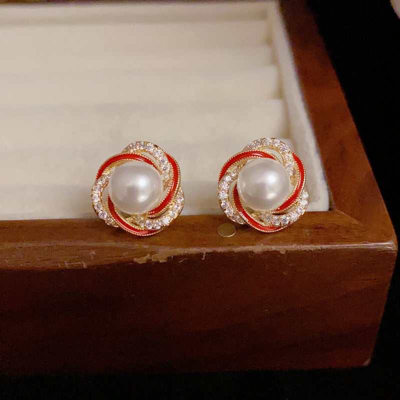 14K Gold-Plated Red Zircon Pearl Stud Earrings - Elegant Design