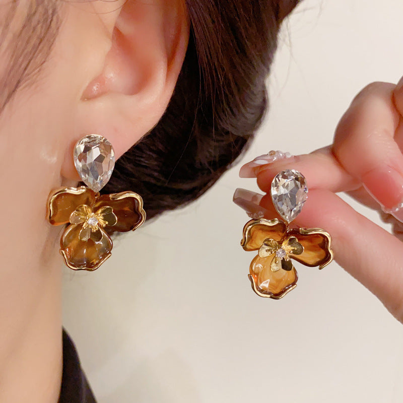 14K Gold-Plated Caramel Amber Three-Petal Flower Earrings -Minimalist