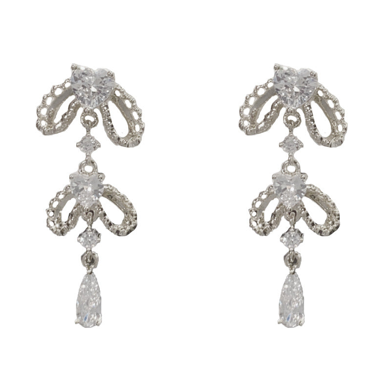 Eaioncol Bow Heart CZ Tassel Drop Earrings Gold Silver