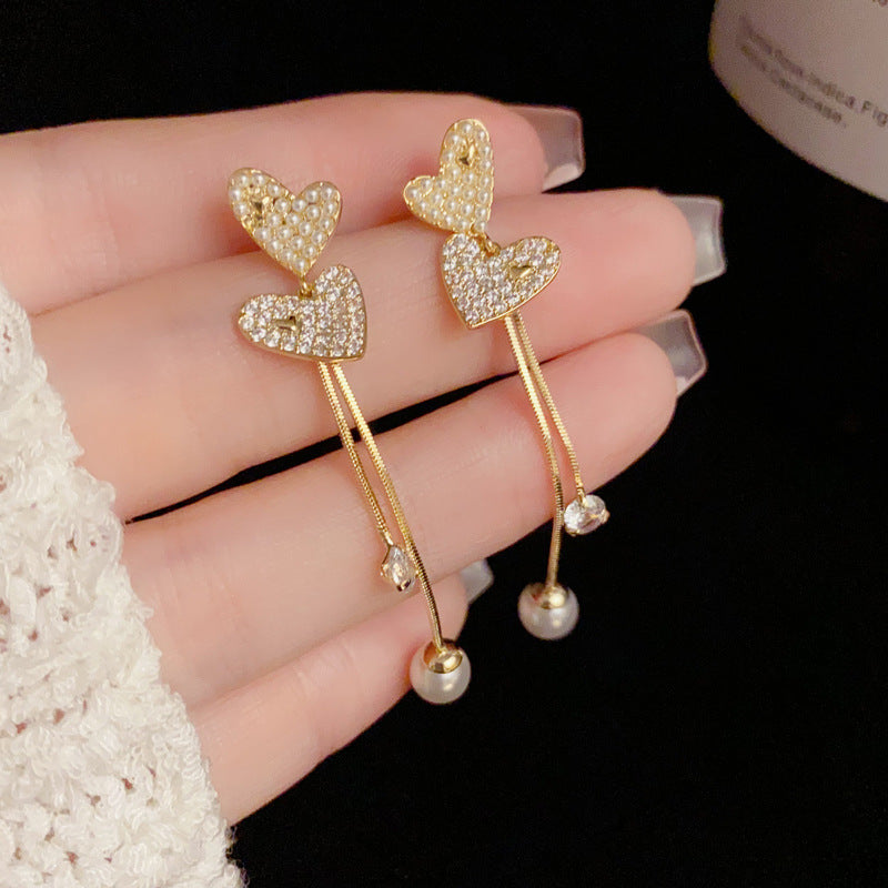 14K Gold Plated Heart Shaped Pearl & Zircon Tassel Earrings - Luxe Minimalist Design