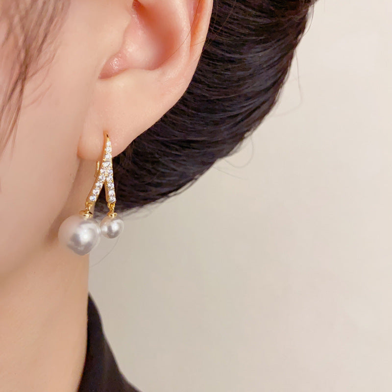 Elegant Zircon Dual Pearl Drop Earrings – Gold-Plated or Silver-Plated
