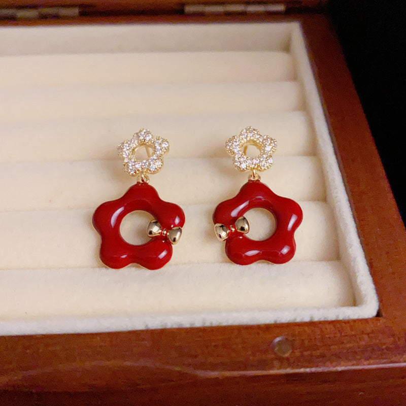 14K Gold-Plated Zircon Red Hollow Petal Earrings - Elegant Design